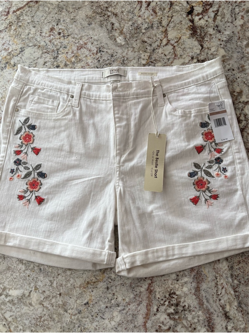 Vintage America White Jean Shorts with Red Floral Embroidery